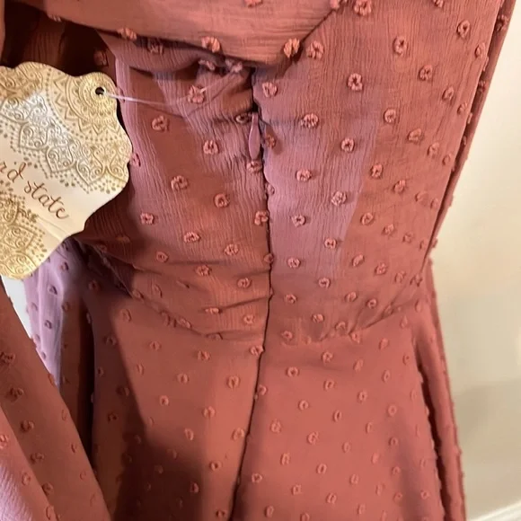 Altar’d State “Gigi” Dress. Chiffon Dots Sheath Dress W/Bell sleeves. Berry - Picture 7 of 12